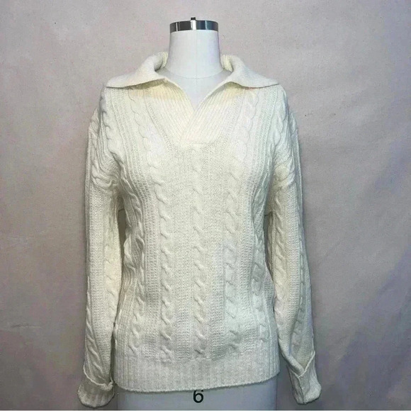 Vintage | Cableknit Collared Pullover Sweater - Cream / Sz M - Picture 4 of 8